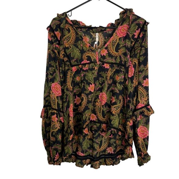 NWT Spell & The Gypsy Etienne Boho Floral Balloon Sleeve Ruffle Blouse Noir Size - Picture 4 of 11